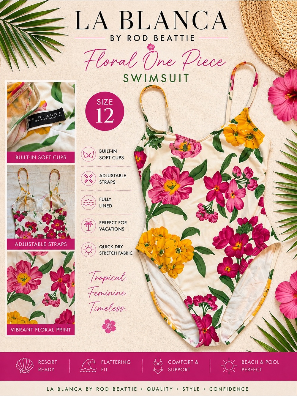 La Blanca Rod Beattie Floral One Piece Swimsuit Size 12